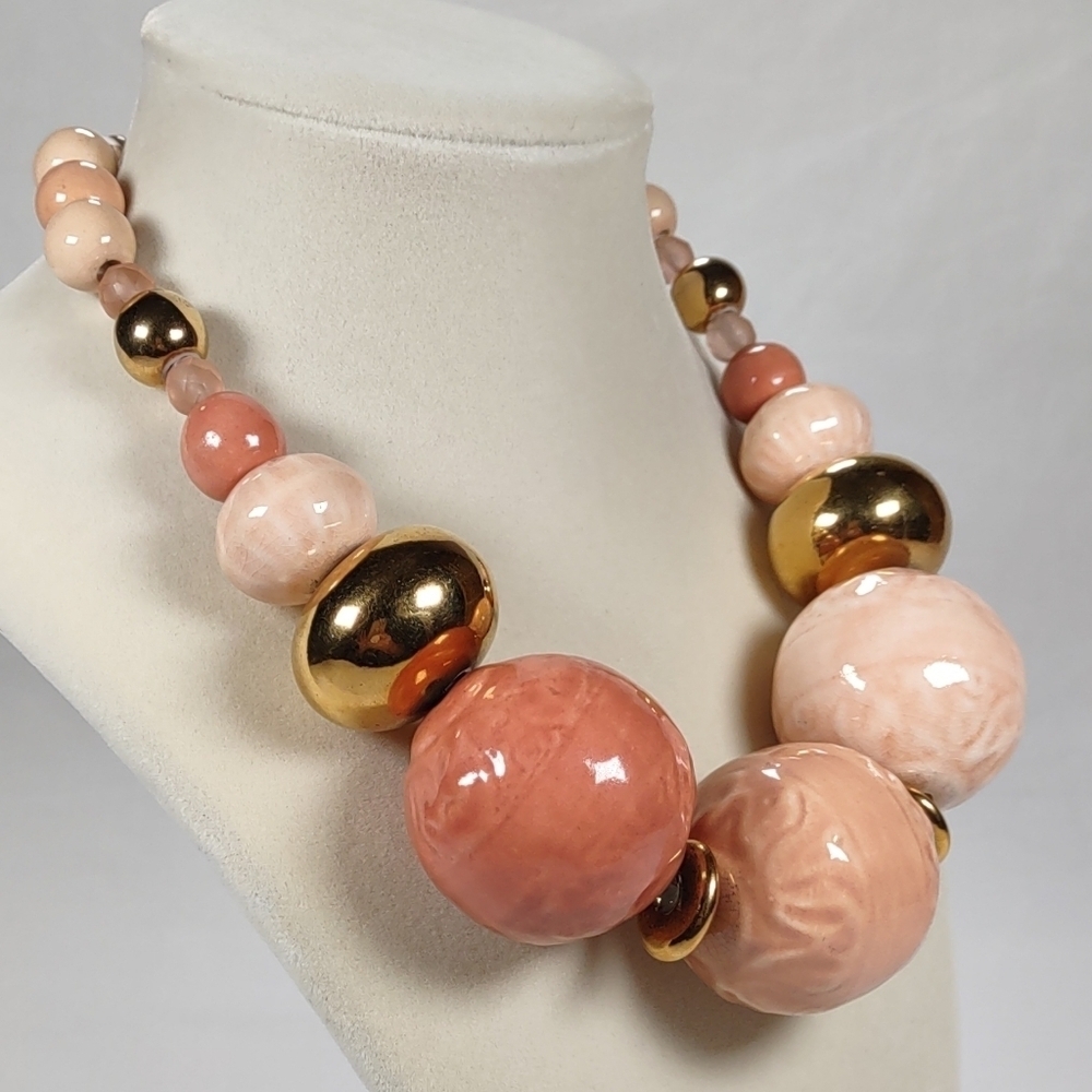 Vintage Glazed Ceramic Beaded Graduated Statement Choker 17 1/2"